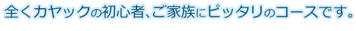 全くカヤックの初心者、ご家族にピッタリのコースです。